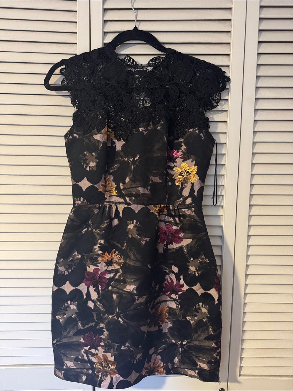 Trina Turk Black Floral Lace Cap-Sleeve Mini Dress with Gold & Berry Accents